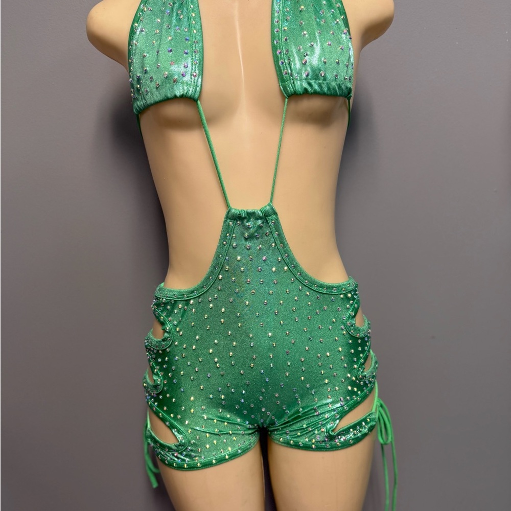 Green Rhinestone Halter Bodysuit - Picture 2 of 3